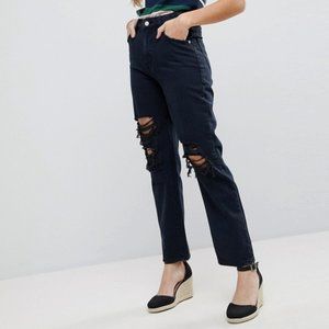 Rolla's Original Cropped High Rise Distressed Straight Leg Jeans Black 29
